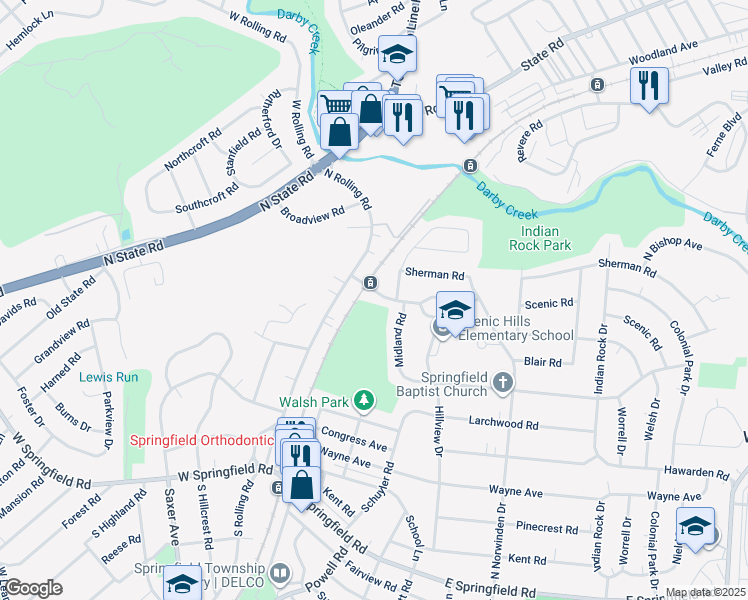 map of restaurants, bars, coffee shops, grocery stores, and more near 12 Scenic Rd in Springfield