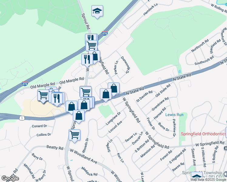 map of restaurants, bars, coffee shops, grocery stores, and more near 713 Buttonwood Drive in Springfield