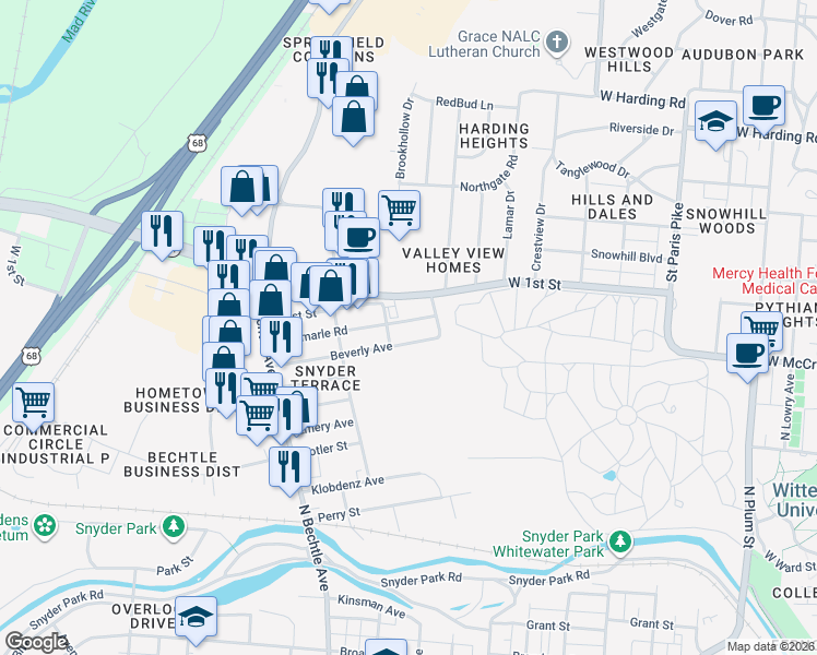 map of restaurants, bars, coffee shops, grocery stores, and more near 1300 Goodwin Avenue in Springfield