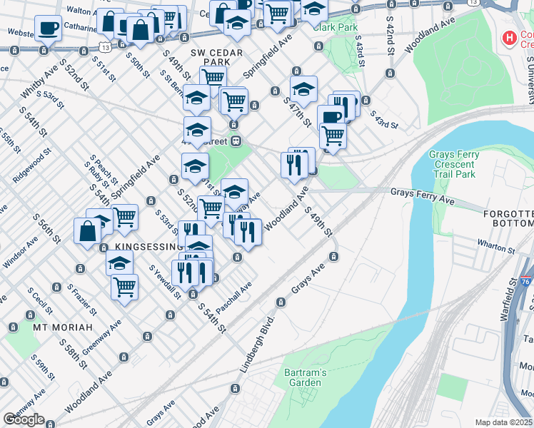 map of restaurants, bars, coffee shops, grocery stores, and more near 1336 South 50th Street in Philadelphia