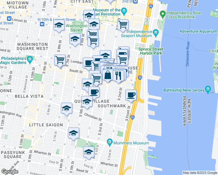 map of restaurants, bars, coffee shops, grocery stores, and more near 713 South 3rd Street in Philadelphia
