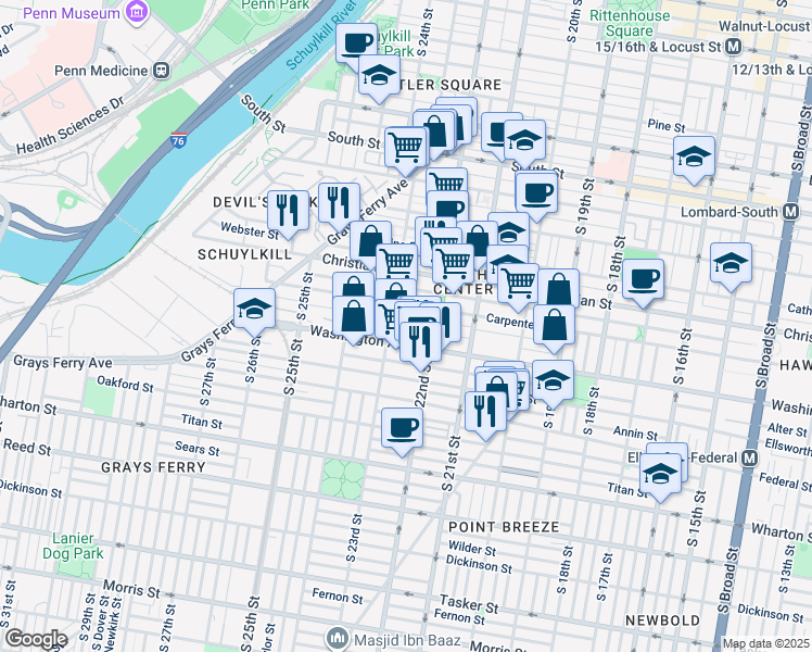 map of restaurants, bars, coffee shops, grocery stores, and more near 2231 League Street in Philadelphia