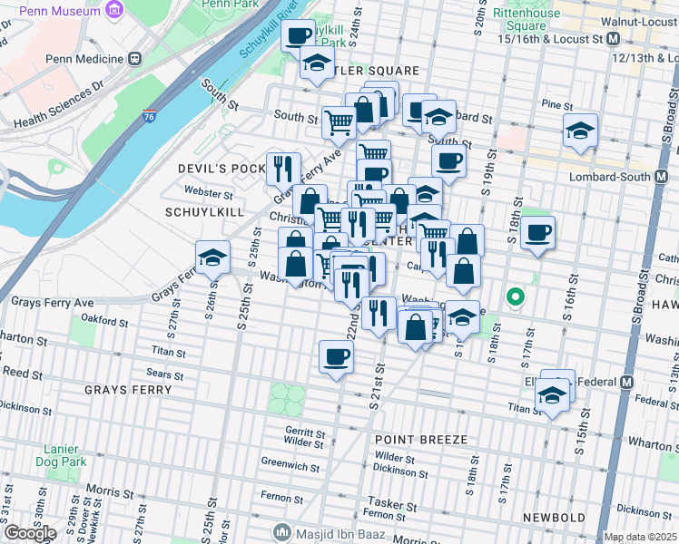 map of restaurants, bars, coffee shops, grocery stores, and more near 2231 League Street in Philadelphia