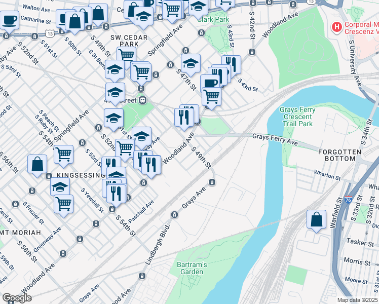 map of restaurants, bars, coffee shops, grocery stores, and more near 1416 South 49th Street in Philadelphia