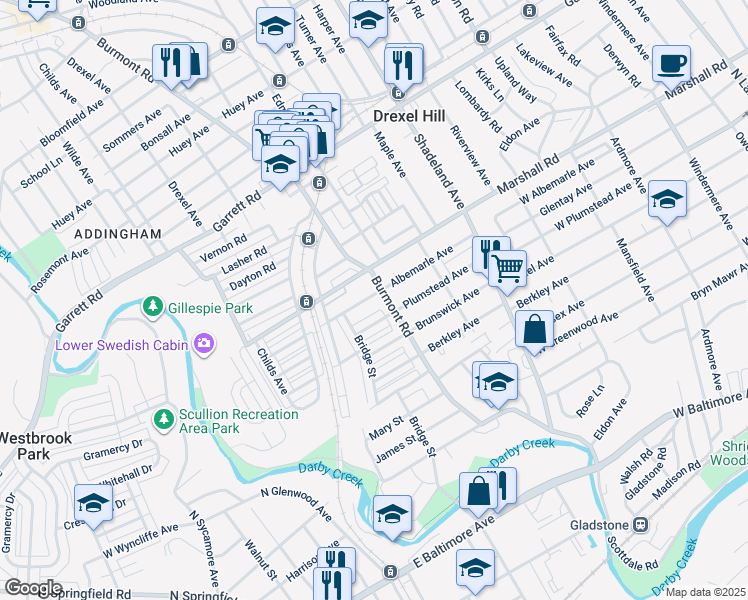map of restaurants, bars, coffee shops, grocery stores, and more near 3812 Albemarle Avenue in Drexel Hill