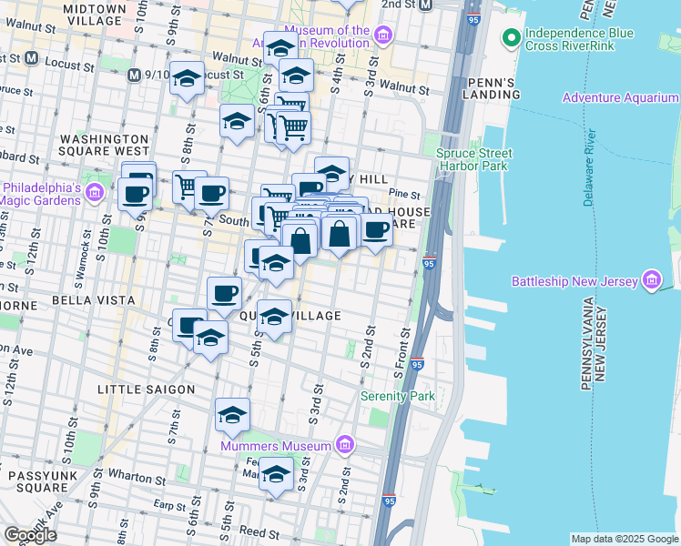 map of restaurants, bars, coffee shops, grocery stores, and more near 715 South 3rd Street in Philadelphia