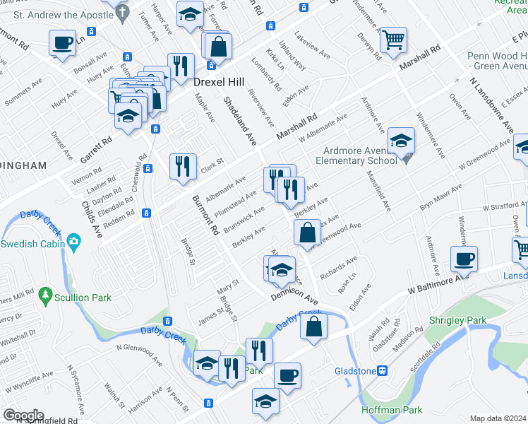 map of restaurants, bars, coffee shops, grocery stores, and more near 3212 Brunswick Avenue in Drexel Hill