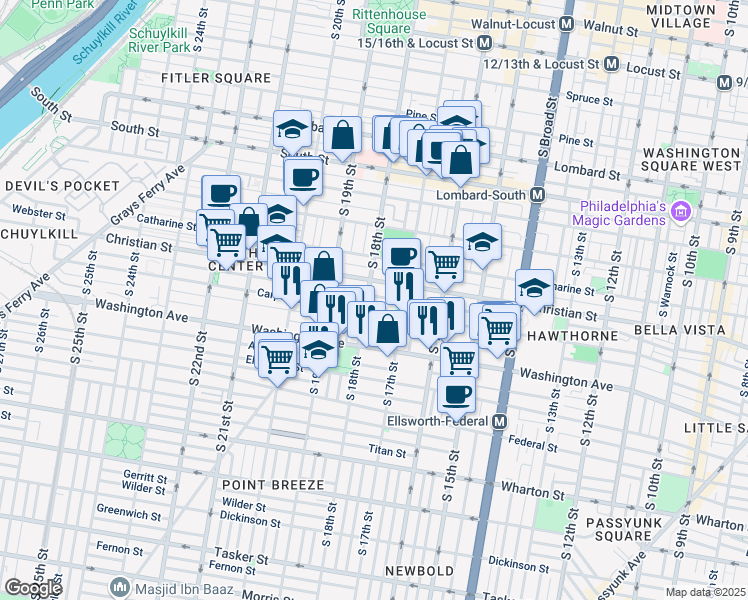 map of restaurants, bars, coffee shops, grocery stores, and more near 1738 Montrose Street in Philadelphia