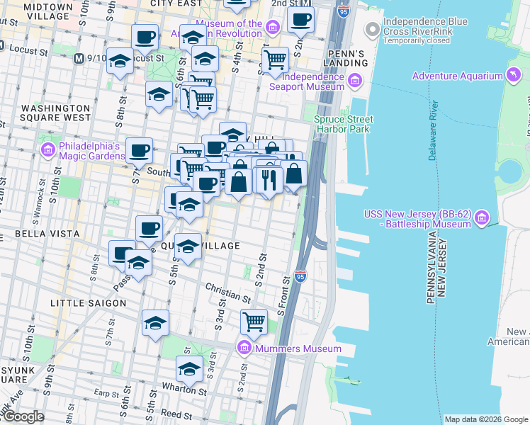 map of restaurants, bars, coffee shops, grocery stores, and more near 621 South 2nd Street in Philadelphia