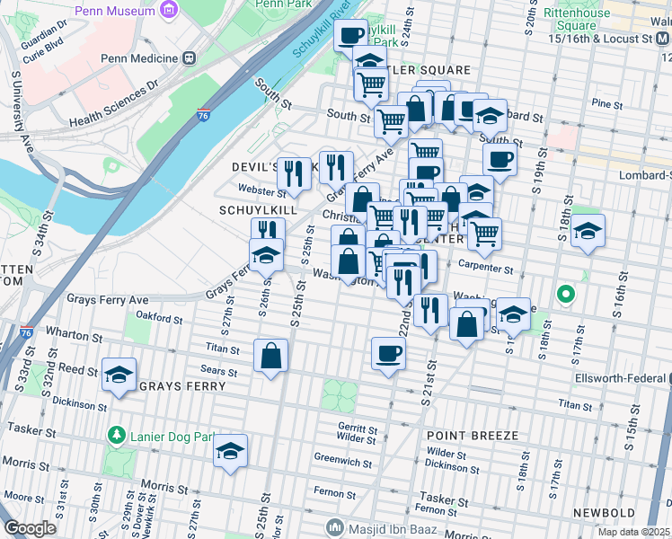 map of restaurants, bars, coffee shops, grocery stores, and more near 2401 Washington Avenue in Philadelphia