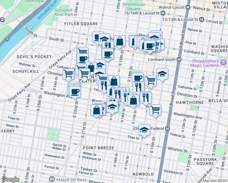 map of restaurants, bars, coffee shops, grocery stores, and more near 1829 Montrose Street in Philadelphia