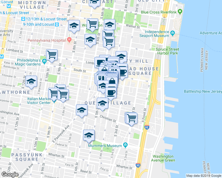 map of restaurants, bars, coffee shops, grocery stores, and more near 714 South 4th Street in Philadelphia