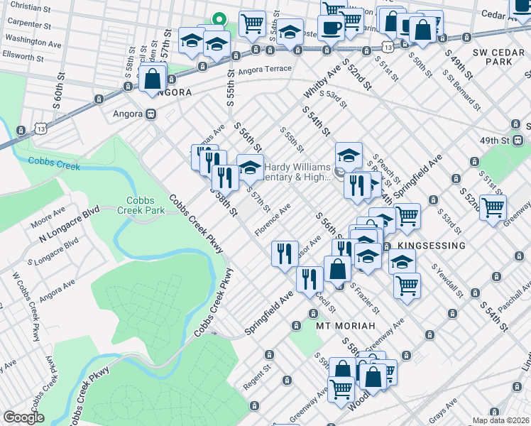 map of restaurants, bars, coffee shops, grocery stores, and more near 1542 South 57th Street in Philadelphia