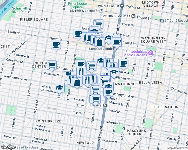 map of restaurants, bars, coffee shops, grocery stores, and more near 1530 Christian Street in Philadelphia