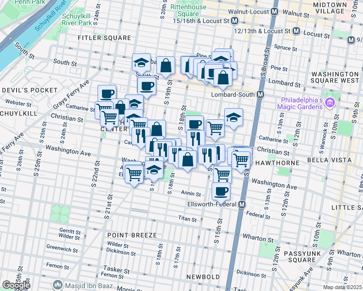 map of restaurants, bars, coffee shops, grocery stores, and more near 1738 Montrose Street in Philadelphia