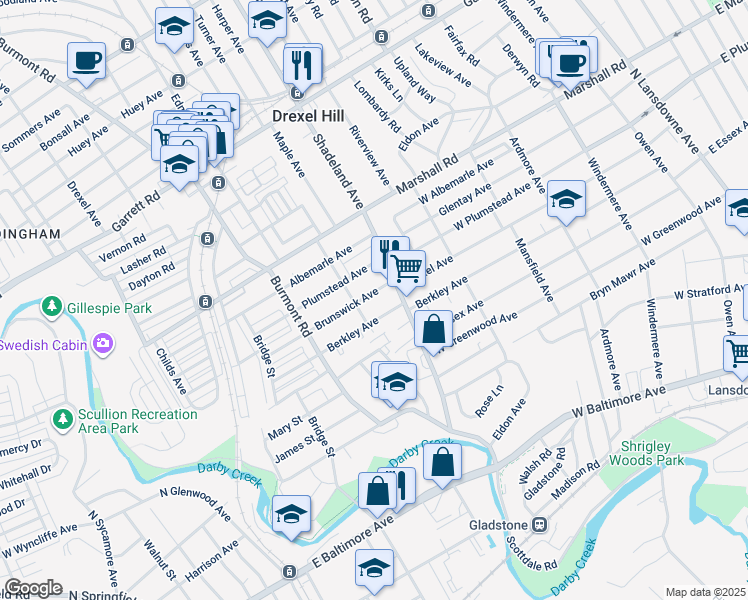 map of restaurants, bars, coffee shops, grocery stores, and more near 3212 Brunswick Avenue in Drexel Hill