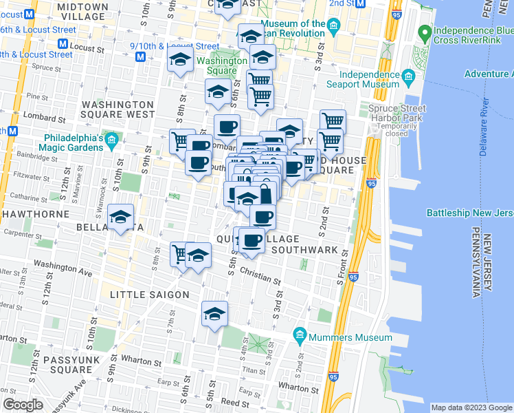 map of restaurants, bars, coffee shops, grocery stores, and more near 419 Monroe Street in Philadelphia