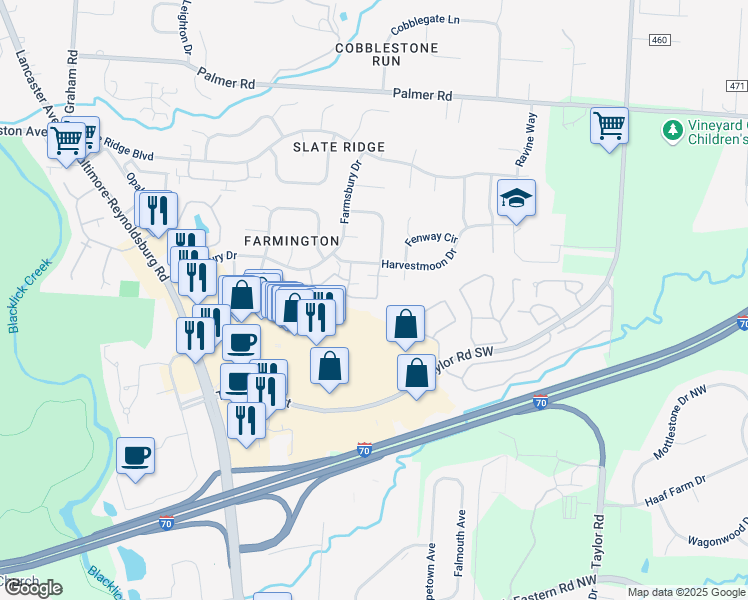 map of restaurants, bars, coffee shops, grocery stores, and more near 7912 Meadowlark Lane East in Reynoldsburg