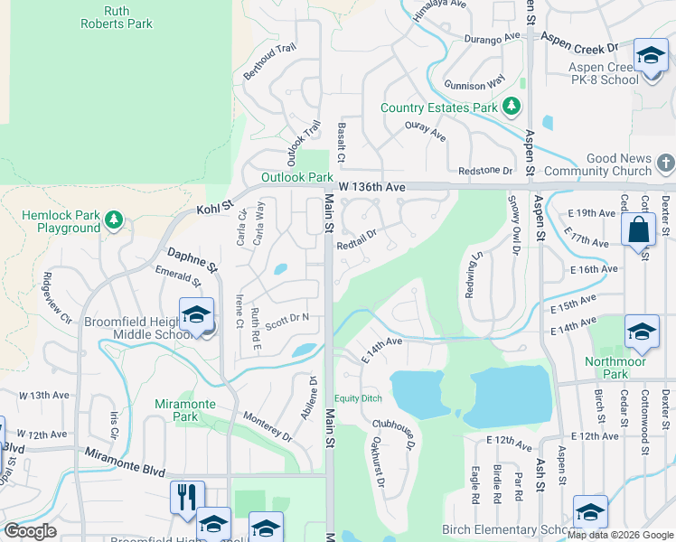 map of restaurants, bars, coffee shops, grocery stores, and more near 1645 Peregrine Court in Broomfield