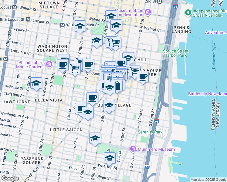 map of restaurants, bars, coffee shops, grocery stores, and more near 419 Monroe Street in Philadelphia