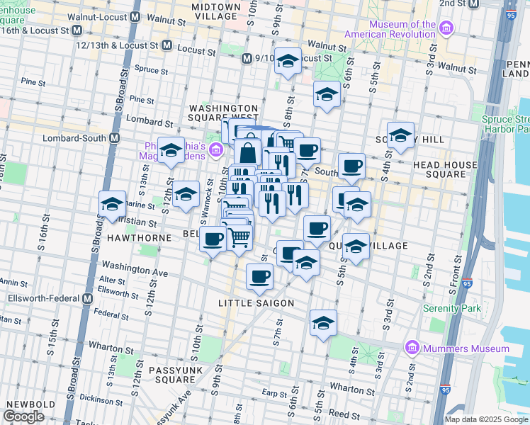 map of restaurants, bars, coffee shops, grocery stores, and more near 745 South Mildred Street in Philadelphia