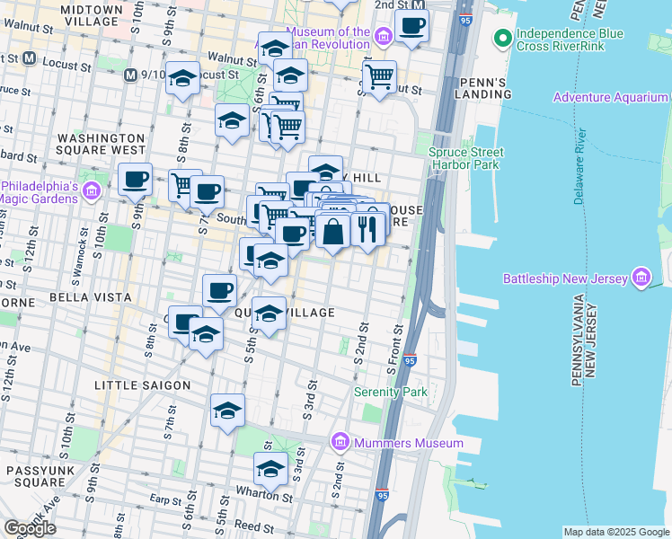 map of restaurants, bars, coffee shops, grocery stores, and more near 713 South 3rd Street in Philadelphia