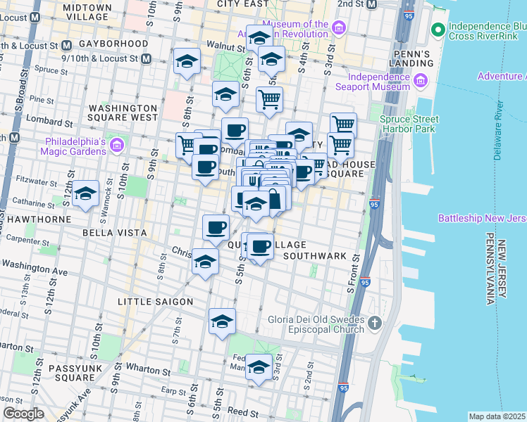 map of restaurants, bars, coffee shops, grocery stores, and more near 421 Monroe Street in Philadelphia