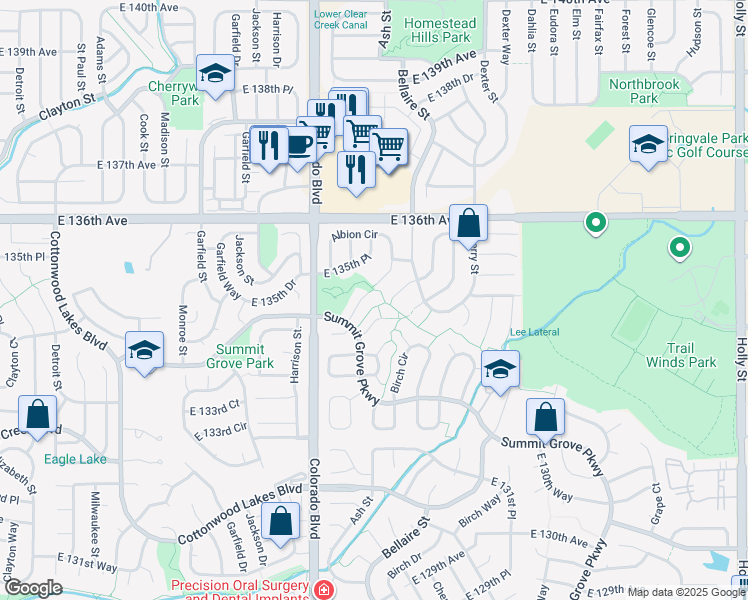 map of restaurants, bars, coffee shops, grocery stores, and more near 13451 Birch Way in Thornton