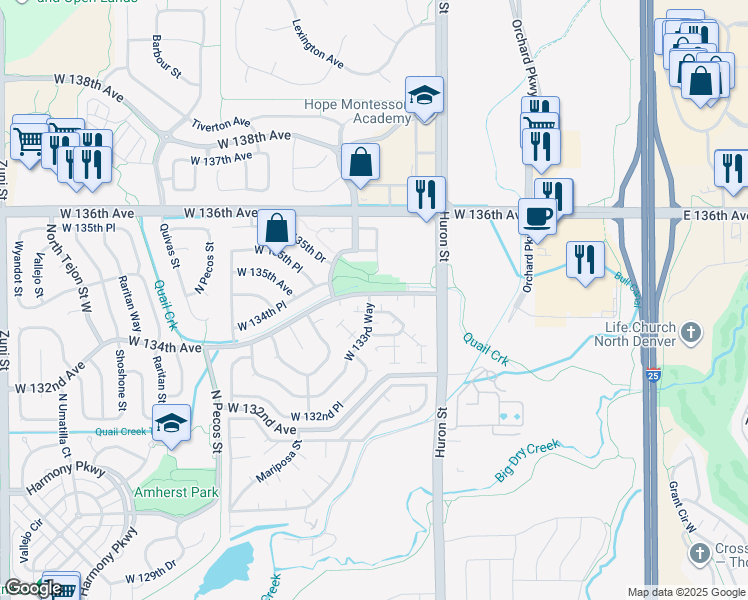 map of restaurants, bars, coffee shops, grocery stores, and more near 1000 West 134th Avenue in Westminster