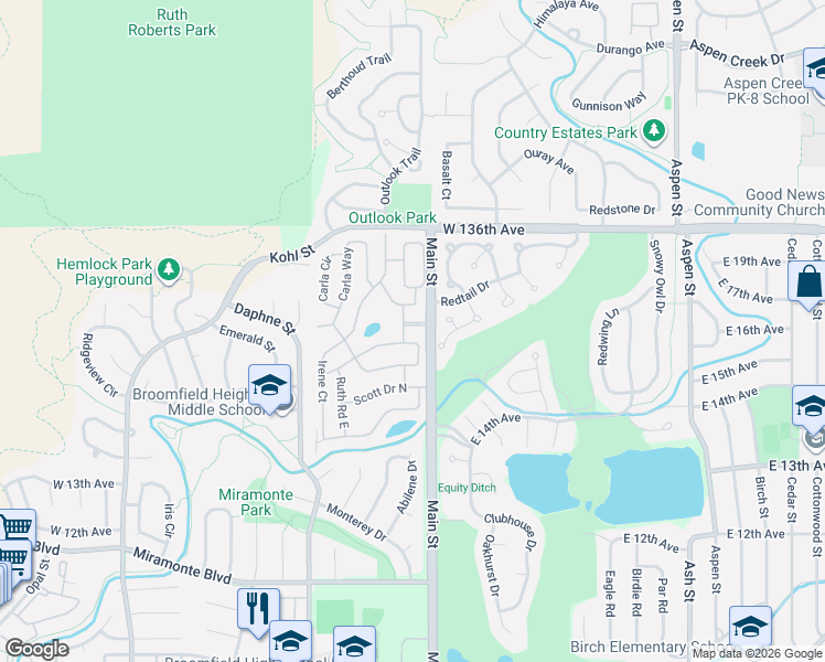 map of restaurants, bars, coffee shops, grocery stores, and more near 1 Douglas Drive North in Broomfield