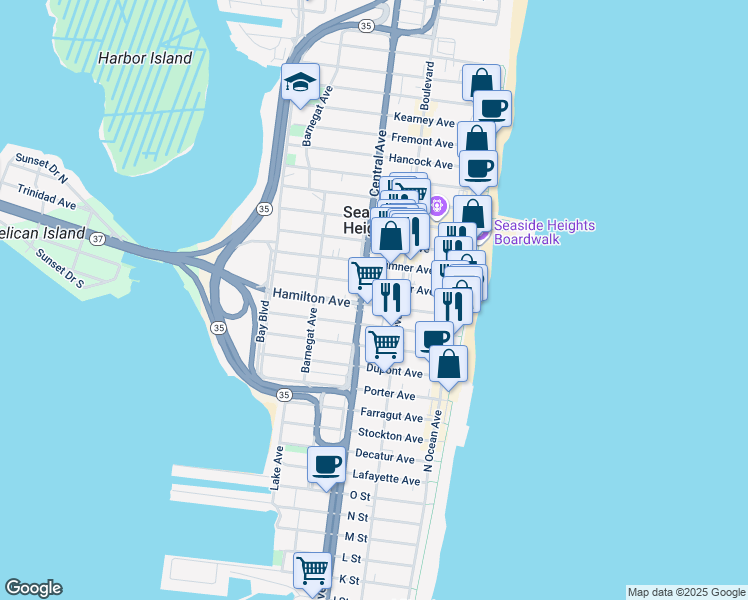 map of restaurants, bars, coffee shops, grocery stores, and more near 117 Webster Avenue in Seaside Heights