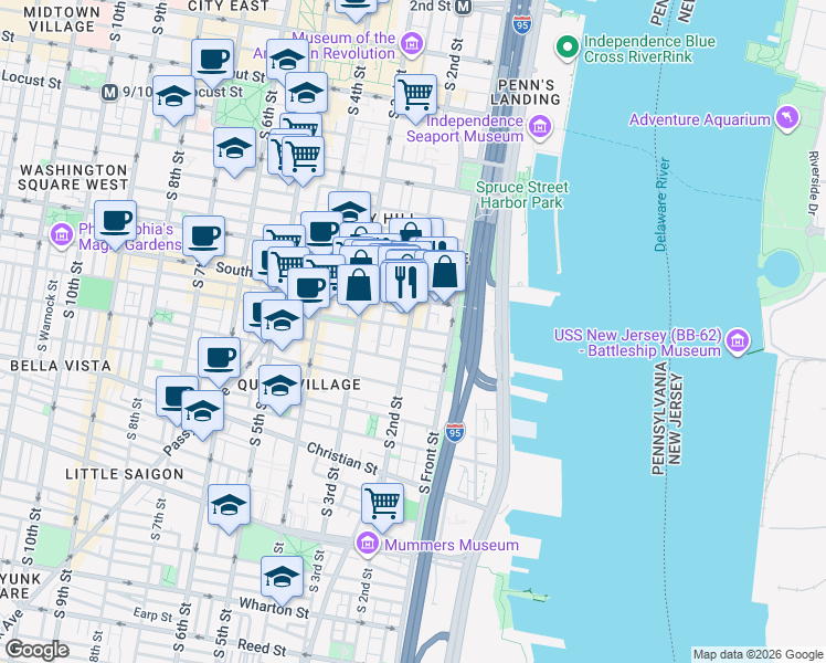 map of restaurants, bars, coffee shops, grocery stores, and more near in Philadelphia