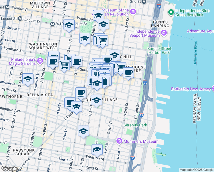 map of restaurants, bars, coffee shops, grocery stores, and more near 413 Bainbridge Street in Philadelphia
