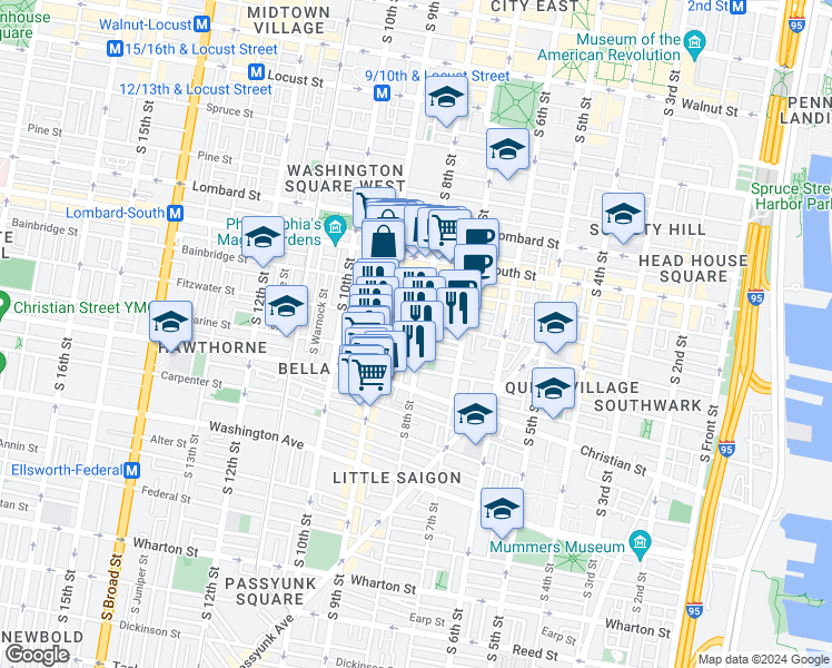 map of restaurants, bars, coffee shops, grocery stores, and more near 736 South 8th Street in Philadelphia