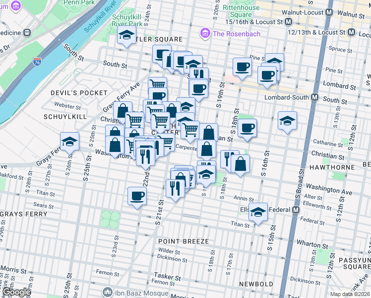 map of restaurants, bars, coffee shops, grocery stores, and more near 2021 Carpenter Street in Philadelphia