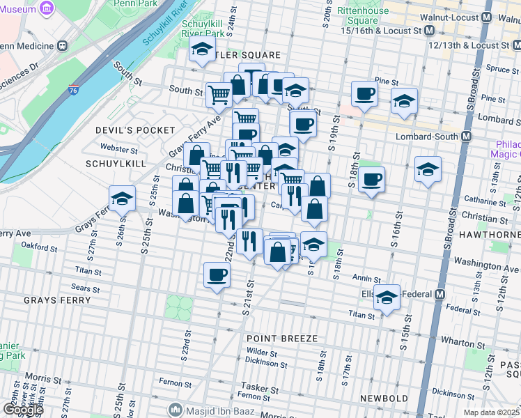map of restaurants, bars, coffee shops, grocery stores, and more near 2114 Carpenter Street in Philadelphia