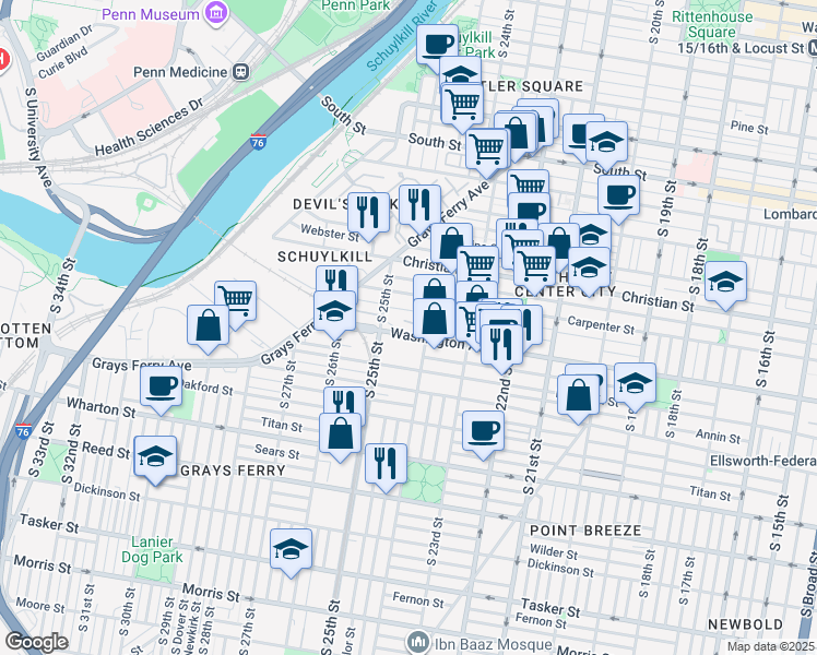 map of restaurants, bars, coffee shops, grocery stores, and more near 2433 Washington Avenue in Philadelphia