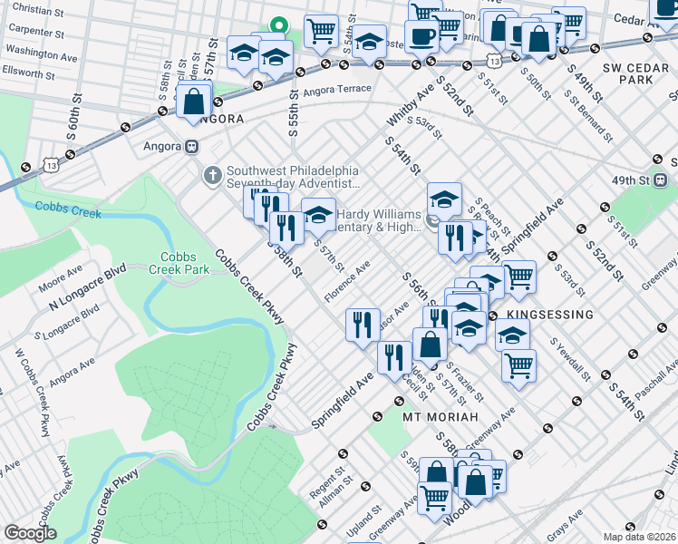 map of restaurants, bars, coffee shops, grocery stores, and more near 5648 Ridgewood Street in Philadelphia