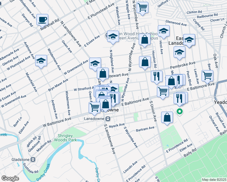 map of restaurants, bars, coffee shops, grocery stores, and more near 52 North Highland Avenue in Lansdowne