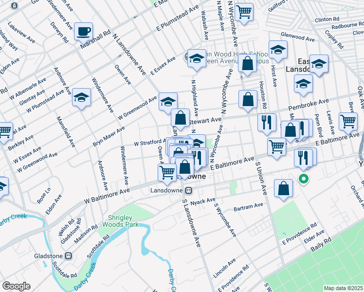 map of restaurants, bars, coffee shops, grocery stores, and more near 52 North Highland Avenue in Lansdowne