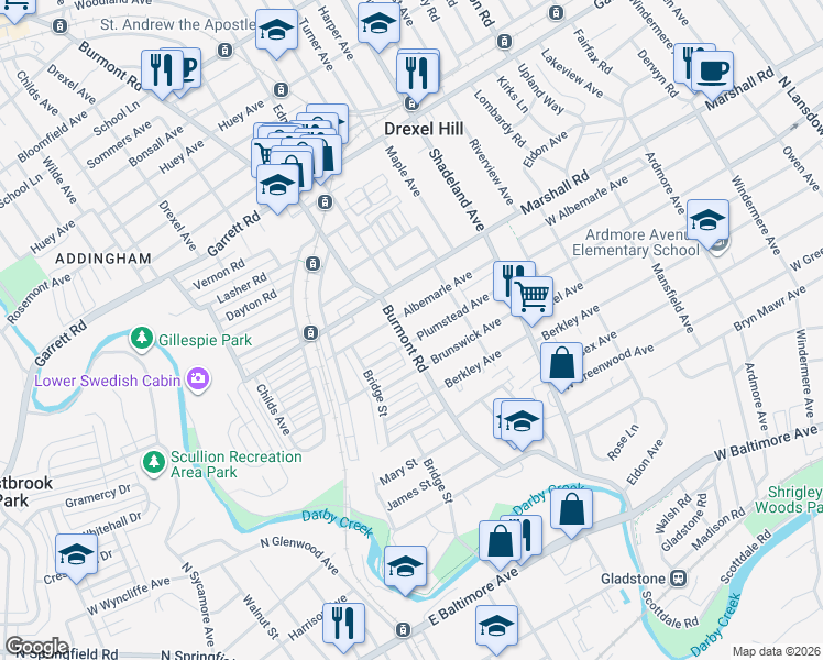 map of restaurants, bars, coffee shops, grocery stores, and more near 3434 Albemarle Avenue in Drexel Hill