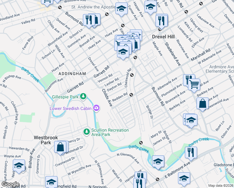 map of restaurants, bars, coffee shops, grocery stores, and more near 4037 Ellendale Road in Drexel Hill