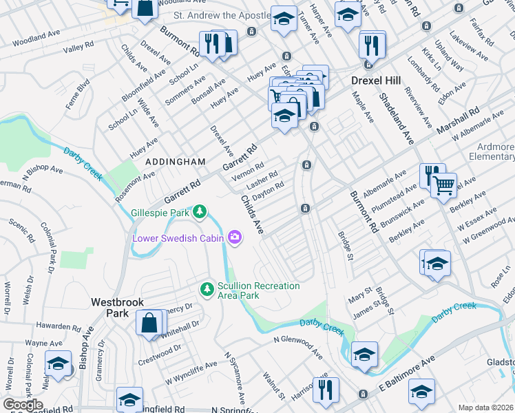 map of restaurants, bars, coffee shops, grocery stores, and more near 4050 Dayton Road in Drexel Hill