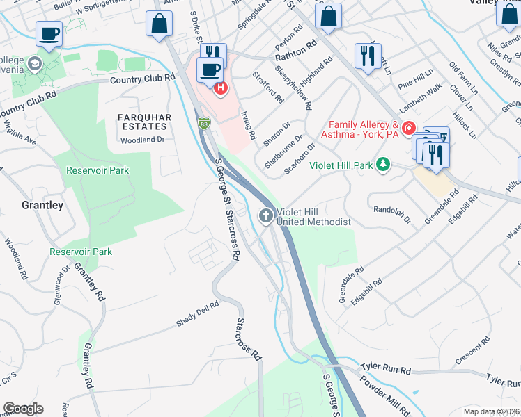 map of restaurants, bars, coffee shops, grocery stores, and more near 101 Tri Hill Road in York