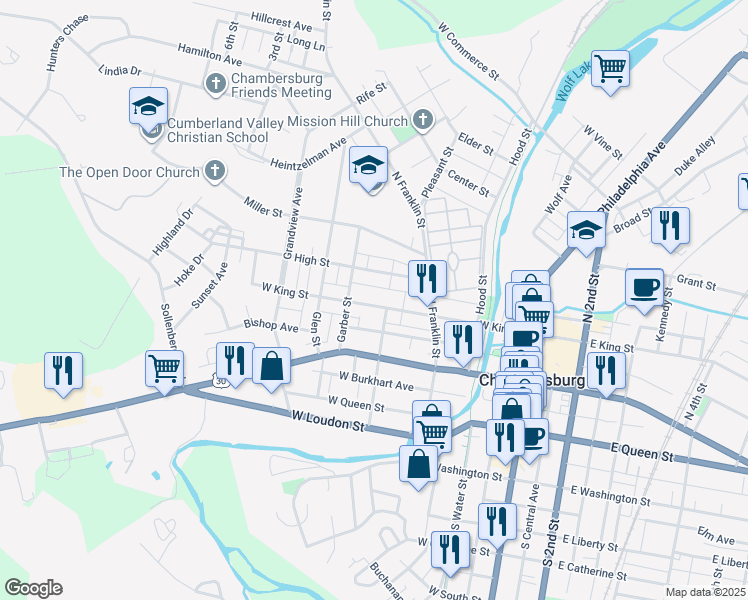 map of restaurants, bars, coffee shops, grocery stores, and more near 353 West King Street in Chambersburg