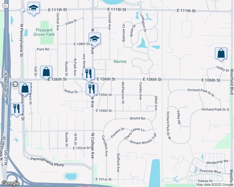 map of restaurants, bars, coffee shops, grocery stores, and more near 10530 McPherson Street in Indianapolis
