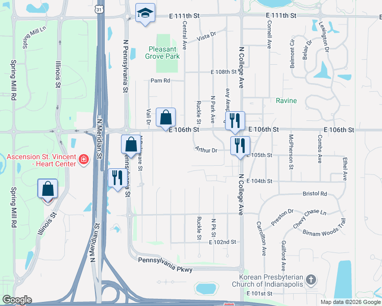 map of restaurants, bars, coffee shops, grocery stores, and more near 542 Arthur Drive in Indianapolis