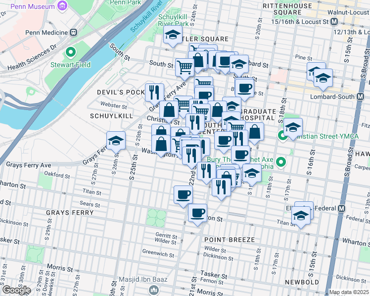 map of restaurants, bars, coffee shops, grocery stores, and more near 2231 League Street in Philadelphia