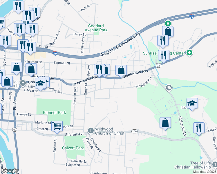 map of restaurants, bars, coffee shops, grocery stores, and more near 1391 Wheeling Avenue in Zanesville
