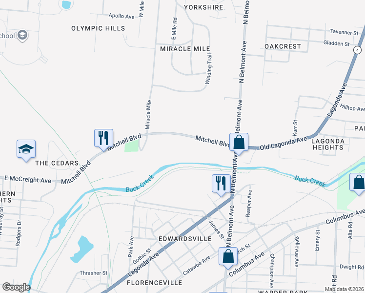 map of restaurants, bars, coffee shops, grocery stores, and more near 1515 Mitchell Boulevard in Springfield